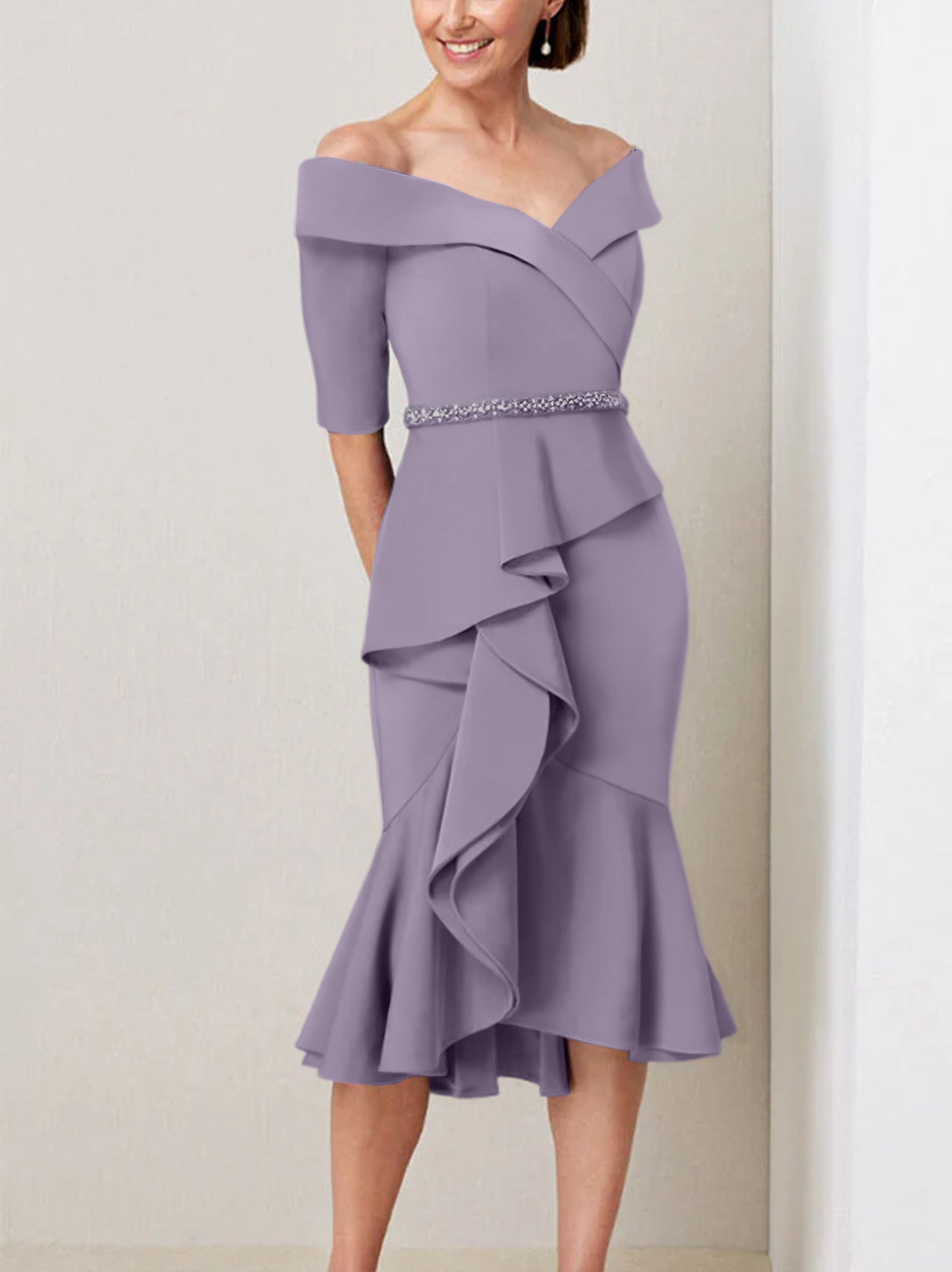 Off-the-Shoulder Beaded and Ruffled Mother of the Bride Sheath Dress with Half Sleeves