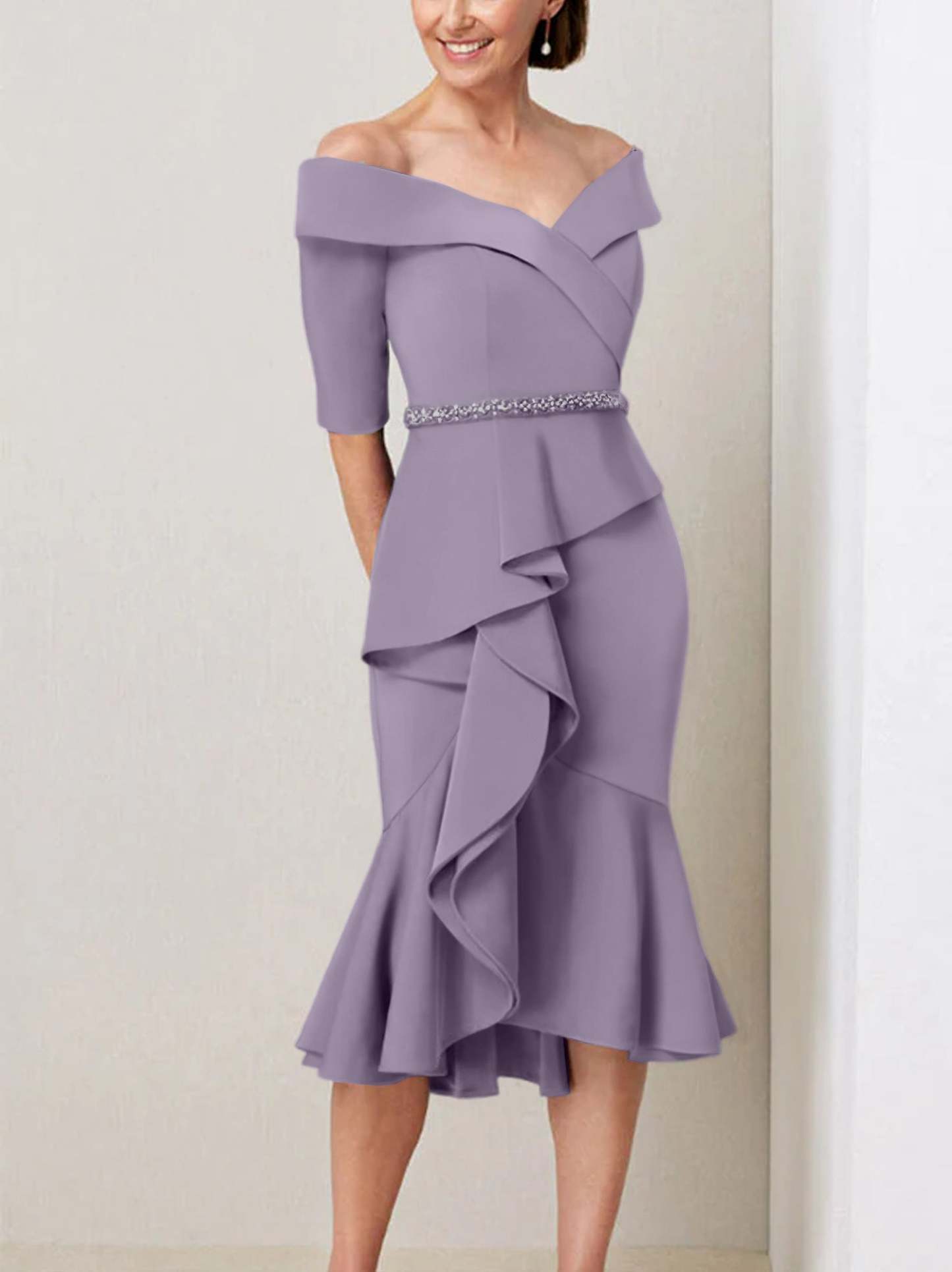 Off-the-Shoulder Beaded and Ruffled Mother of the Bride Sheath Dress with Half Sleeves
