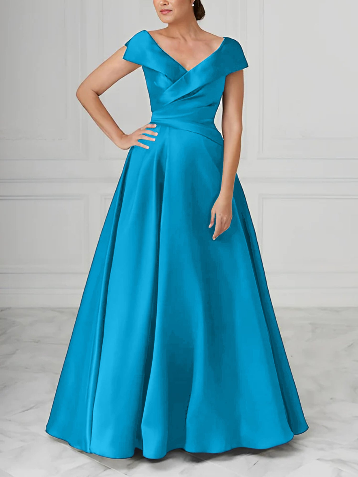 V-Neck Satin A-Line Mother of the Bride Dresses with Ruched Princess Details