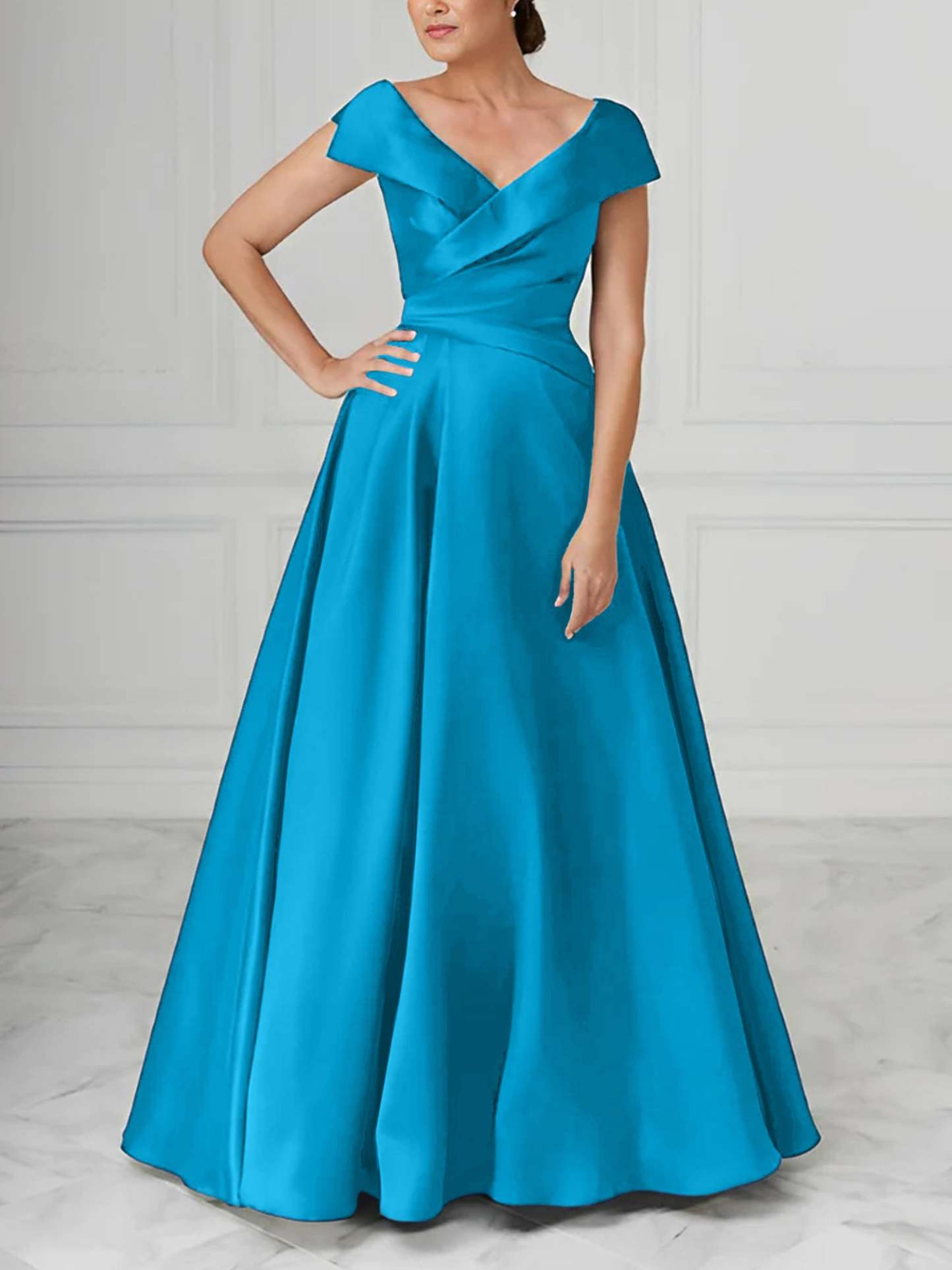 V-Neck Satin A-Line Mother of the Bride Dresses with Ruched Princess Details