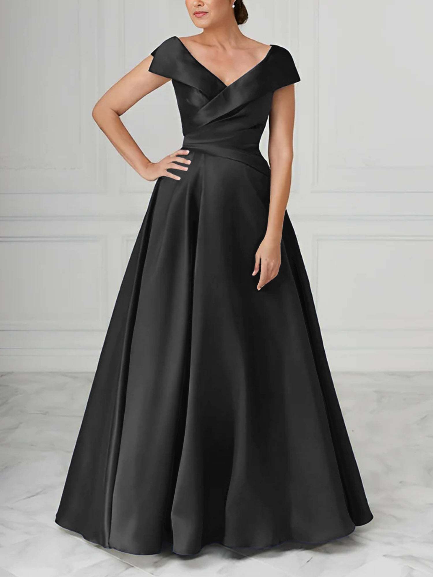 V-Neck Satin A-Line Mother of the Bride Dresses with Ruched Princess Details