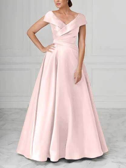 V-Neck Satin A-Line Mother of the Bride Dresses with Ruched Princess Details