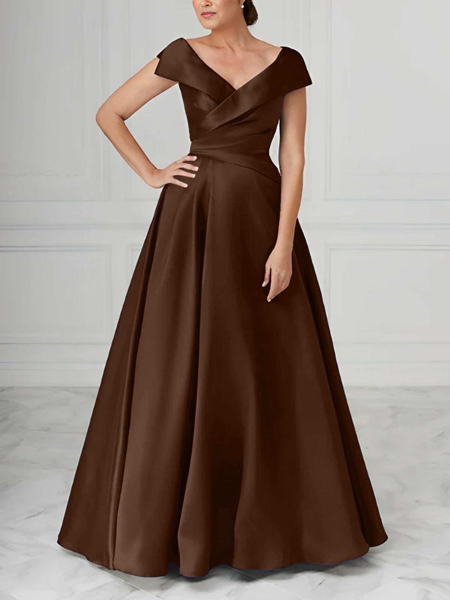 V-Neck Satin A-Line Mother of the Bride Dresses with Ruched Princess Details