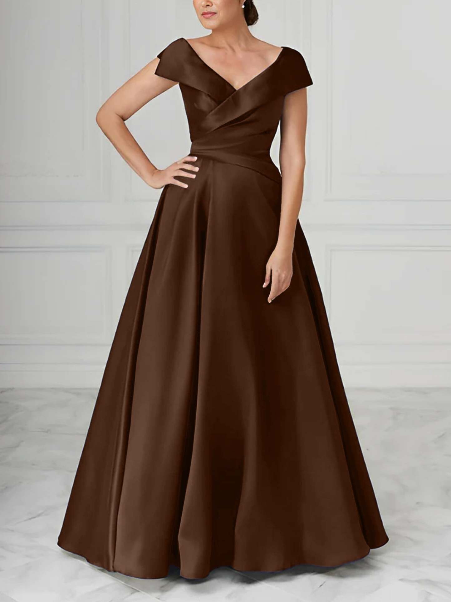 V-Neck Satin A-Line Mother of the Bride Dresses with Ruched Princess Details