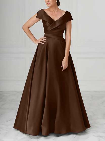 V-Neck Satin A-Line Mother of the Bride Dresses with Ruched Princess Details