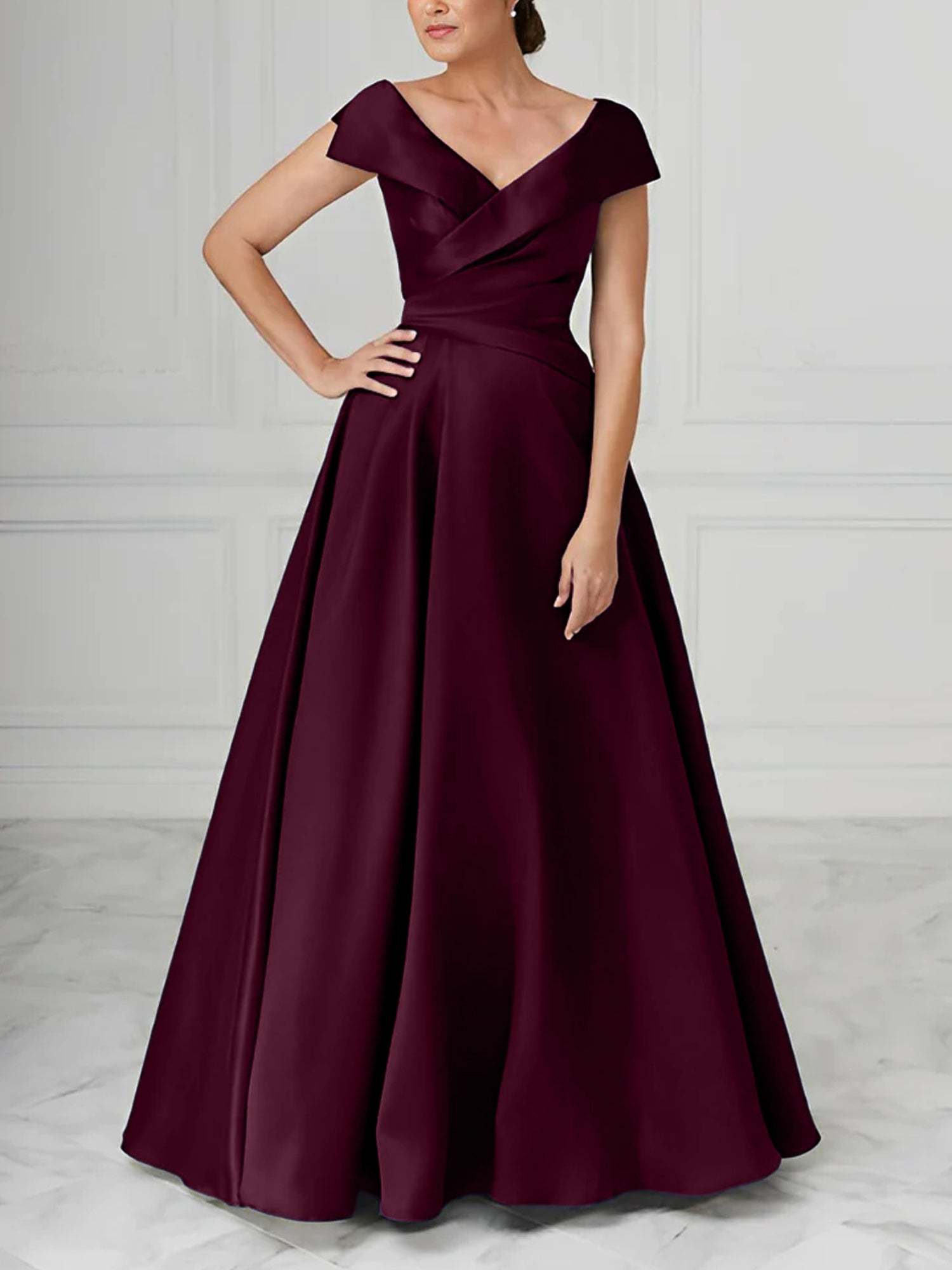 V-Neck Satin A-Line Mother of the Bride Dresses with Ruched Princess Details