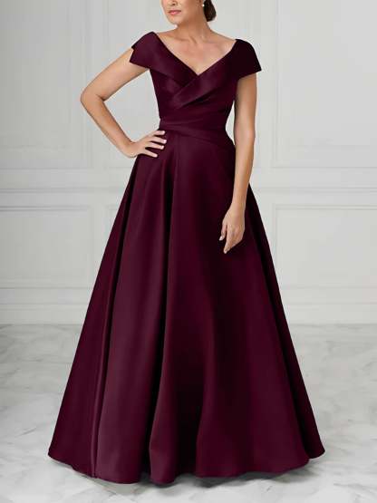V-Neck Satin A-Line Mother of the Bride Dresses with Ruched Princess Details