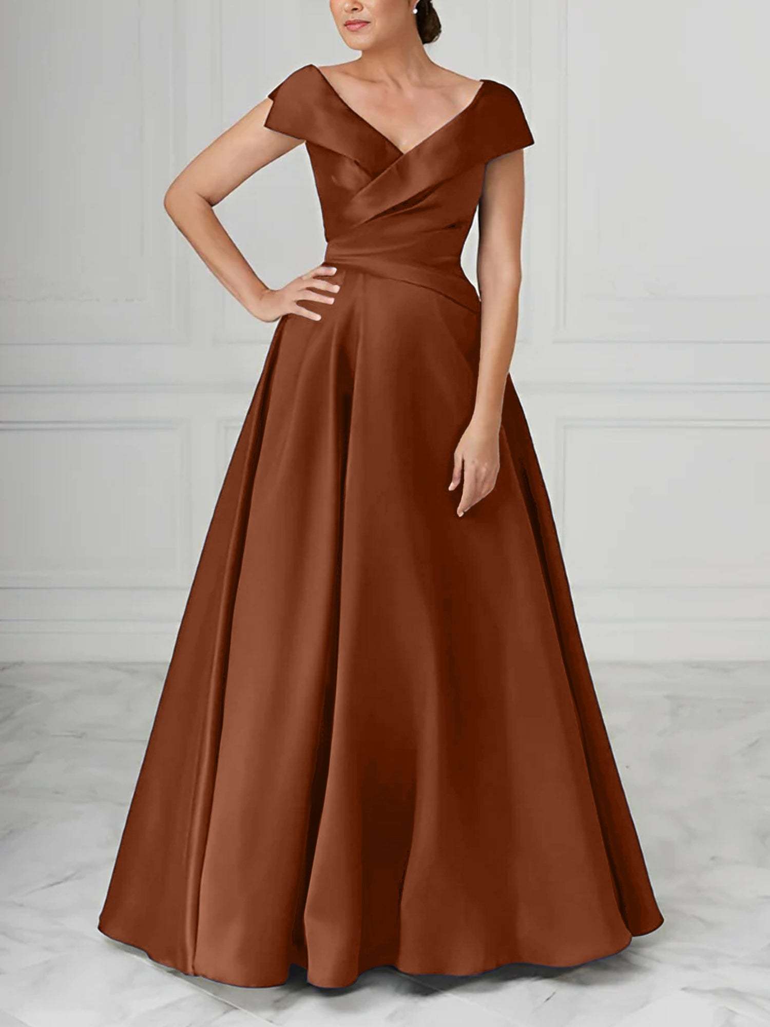 V-Neck Satin A-Line Mother of the Bride Dresses with Ruched Princess Details