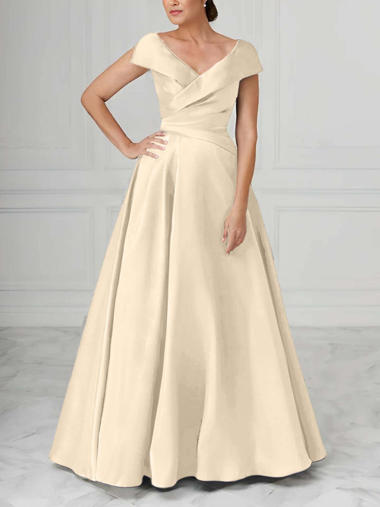 V-Neck Satin A-Line Mother of the Bride Dresses with Ruched Princess Details