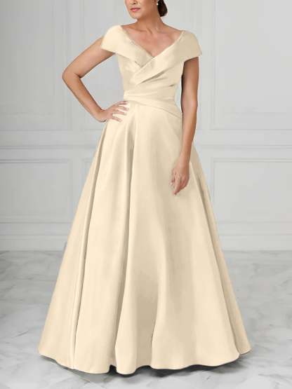 V-Neck Satin A-Line Mother of the Bride Dresses with Ruched Princess Details