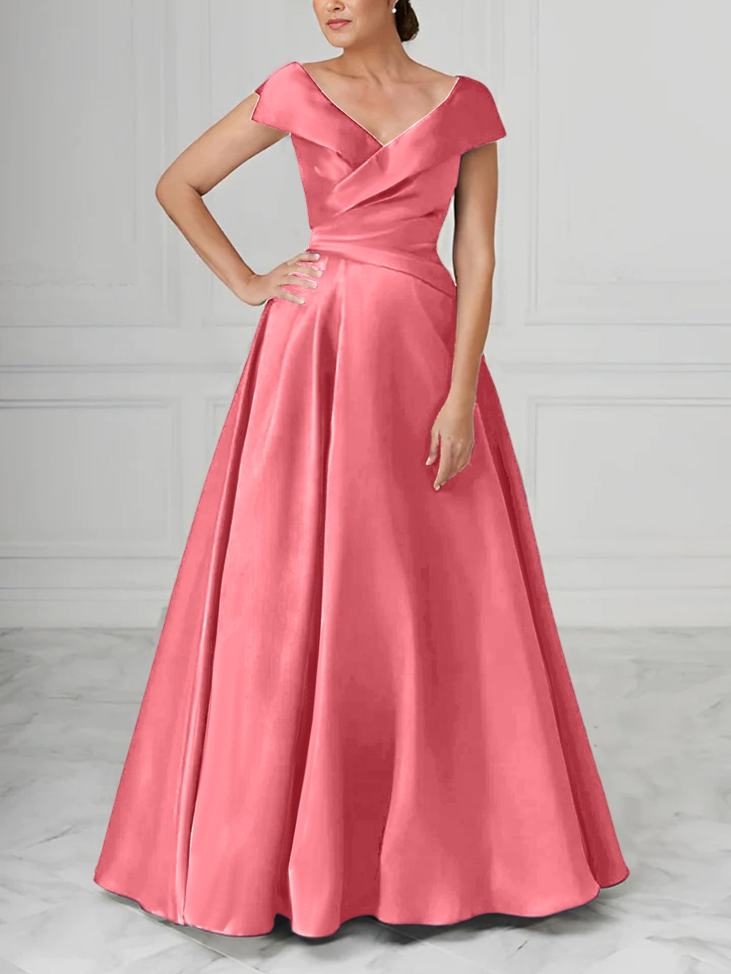 V-Neck Satin A-Line Mother of the Bride Dresses with Ruched Princess Details