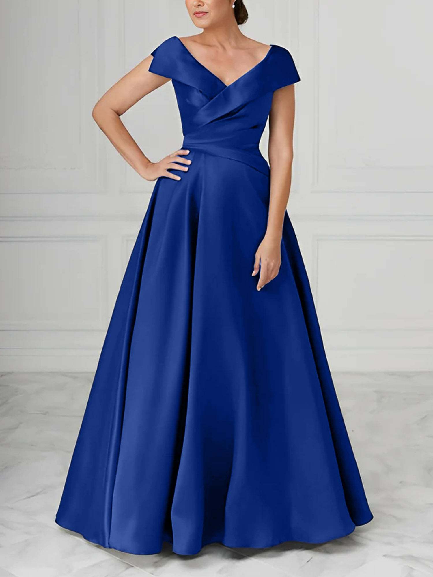 V-Neck Satin A-Line Mother of the Bride Dresses with Ruched Princess Details