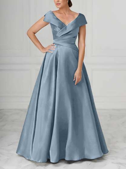 V-Neck Satin A-Line Mother of the Bride Dresses with Ruched Princess Details