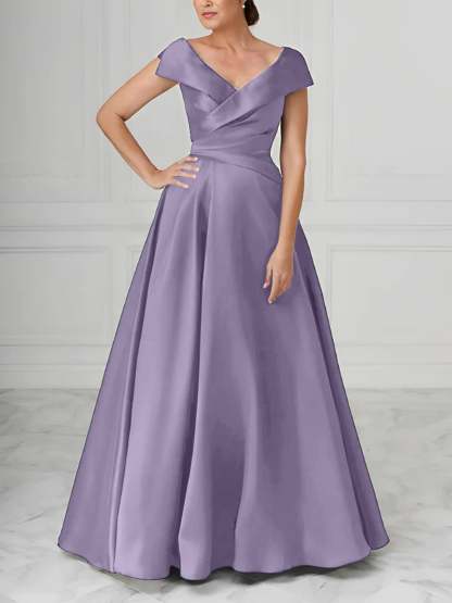 V-Neck Satin A-Line Mother of the Bride Dresses with Ruched Princess Details