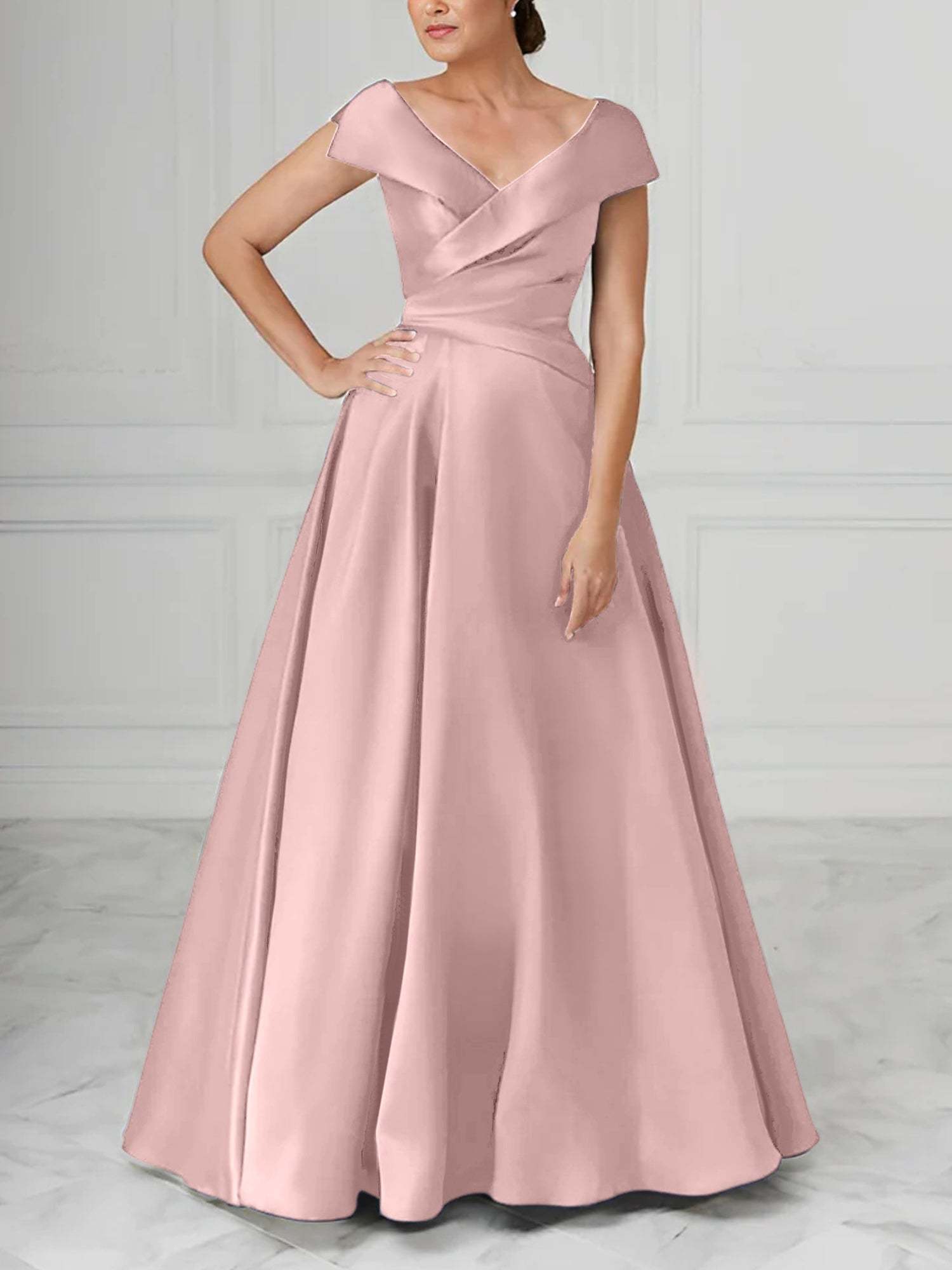 V-Neck Satin A-Line Mother of the Bride Dresses with Ruched Princess Details