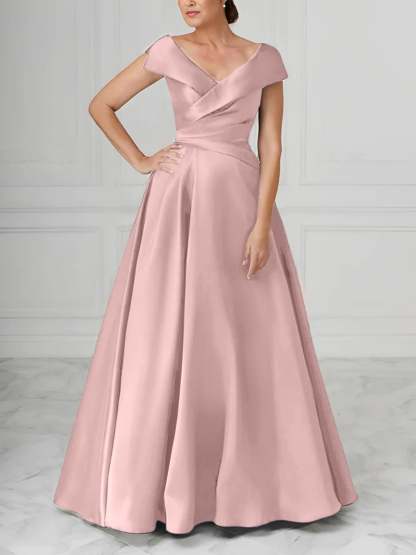 V-Neck Satin A-Line Mother of the Bride Dresses with Ruched Princess Details