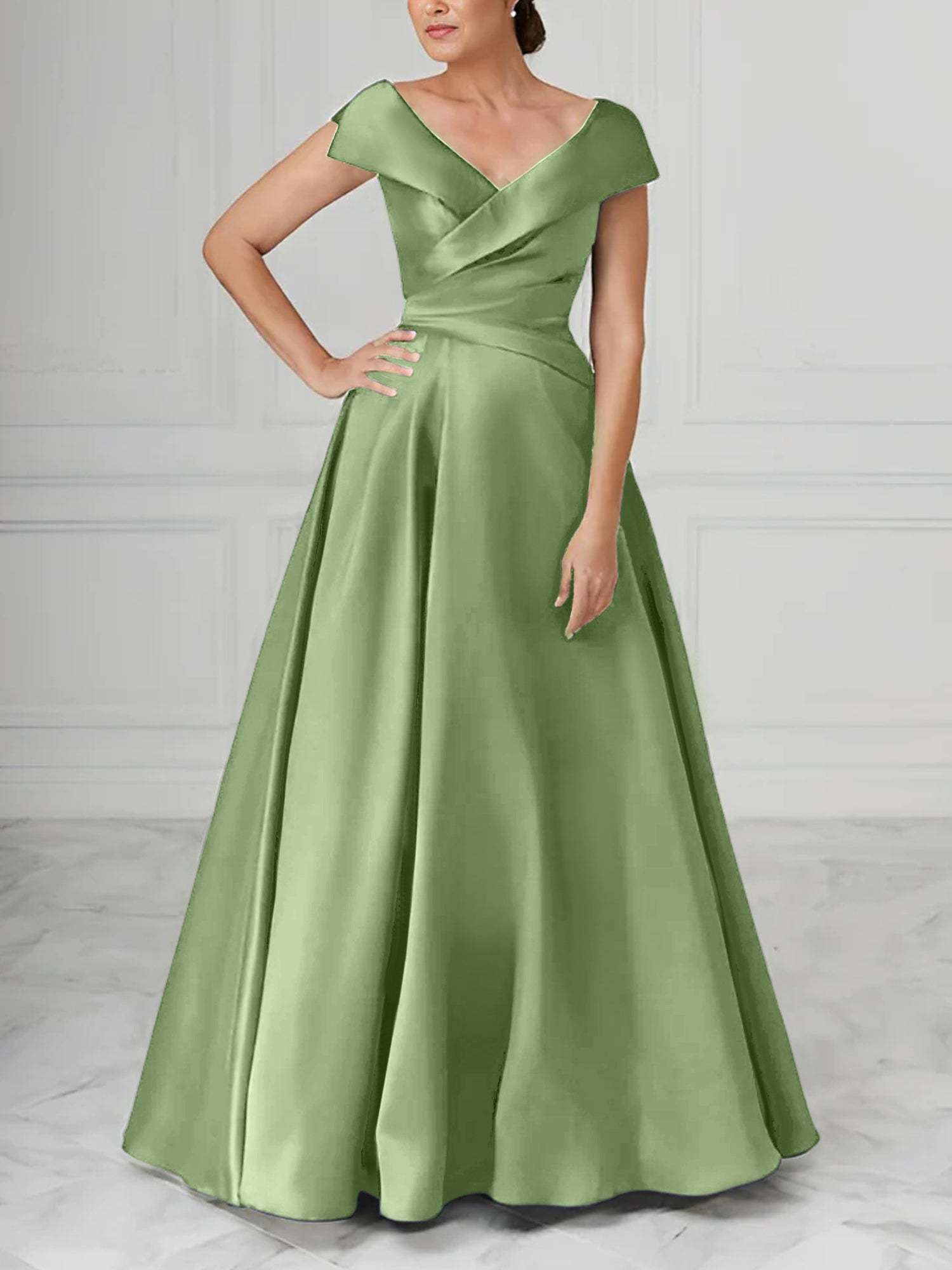 V-Neck Satin A-Line Mother of the Bride Dresses with Ruched Princess Details