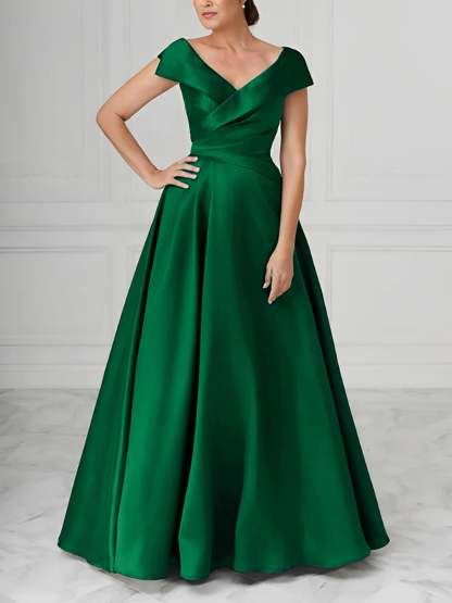 V-Neck Satin A-Line Mother of the Bride Dresses with Ruched Princess Details