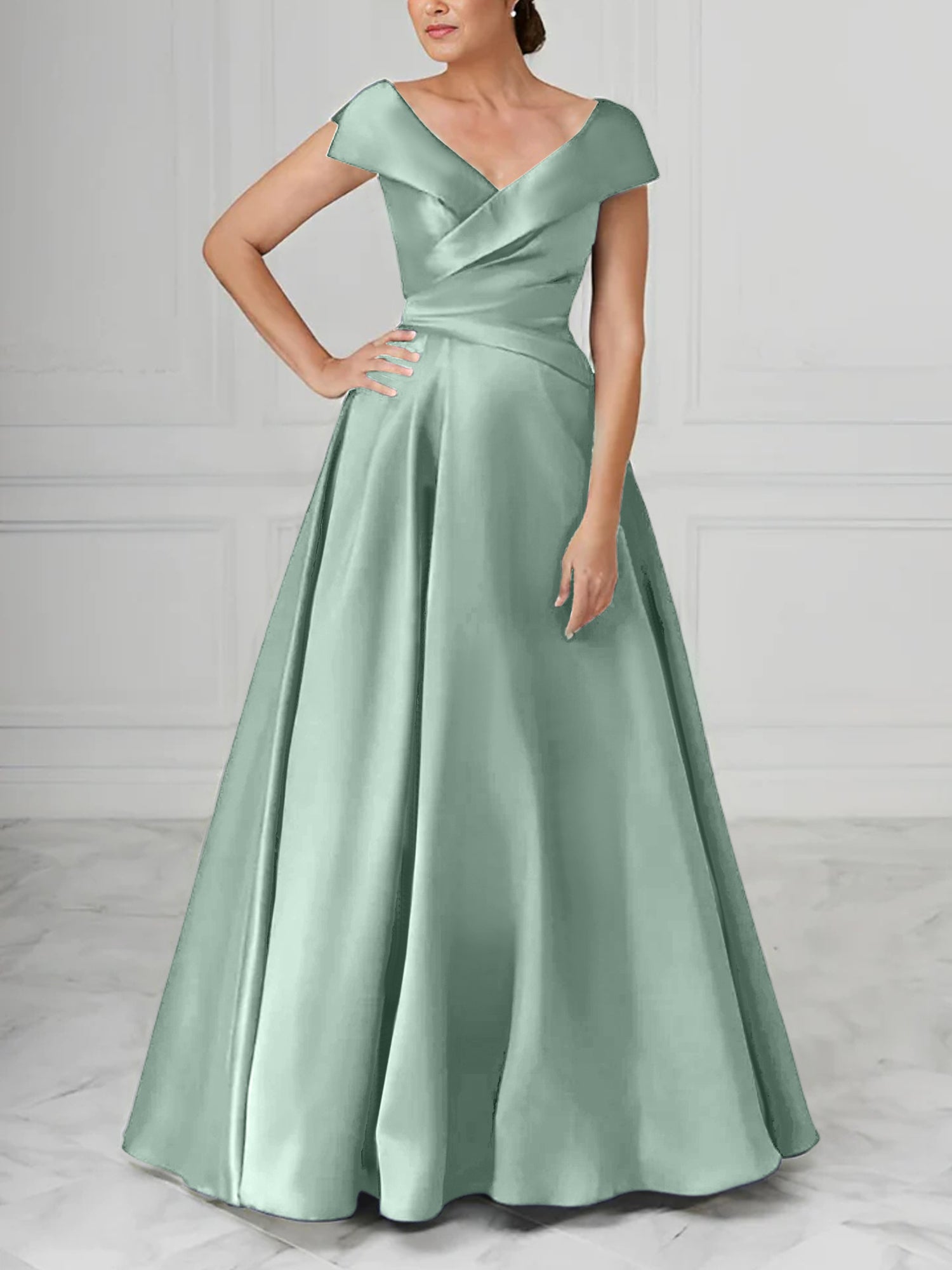 V-Neck Satin A-Line Mother of the Bride Dresses with Ruched Princess Details