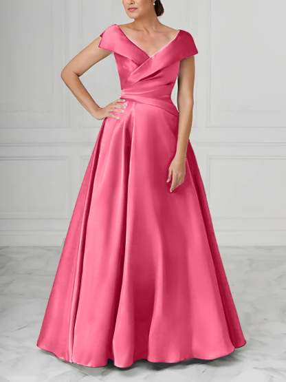 V-Neck Satin A-Line Mother of the Bride Dresses with Ruched Princess Details