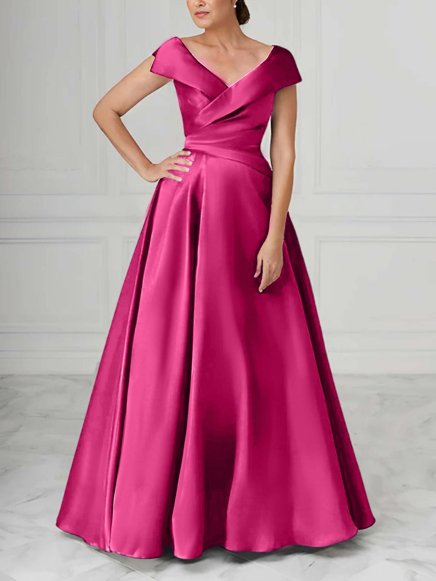 V-Neck Satin A-Line Mother of the Bride Dresses with Ruched Princess Details