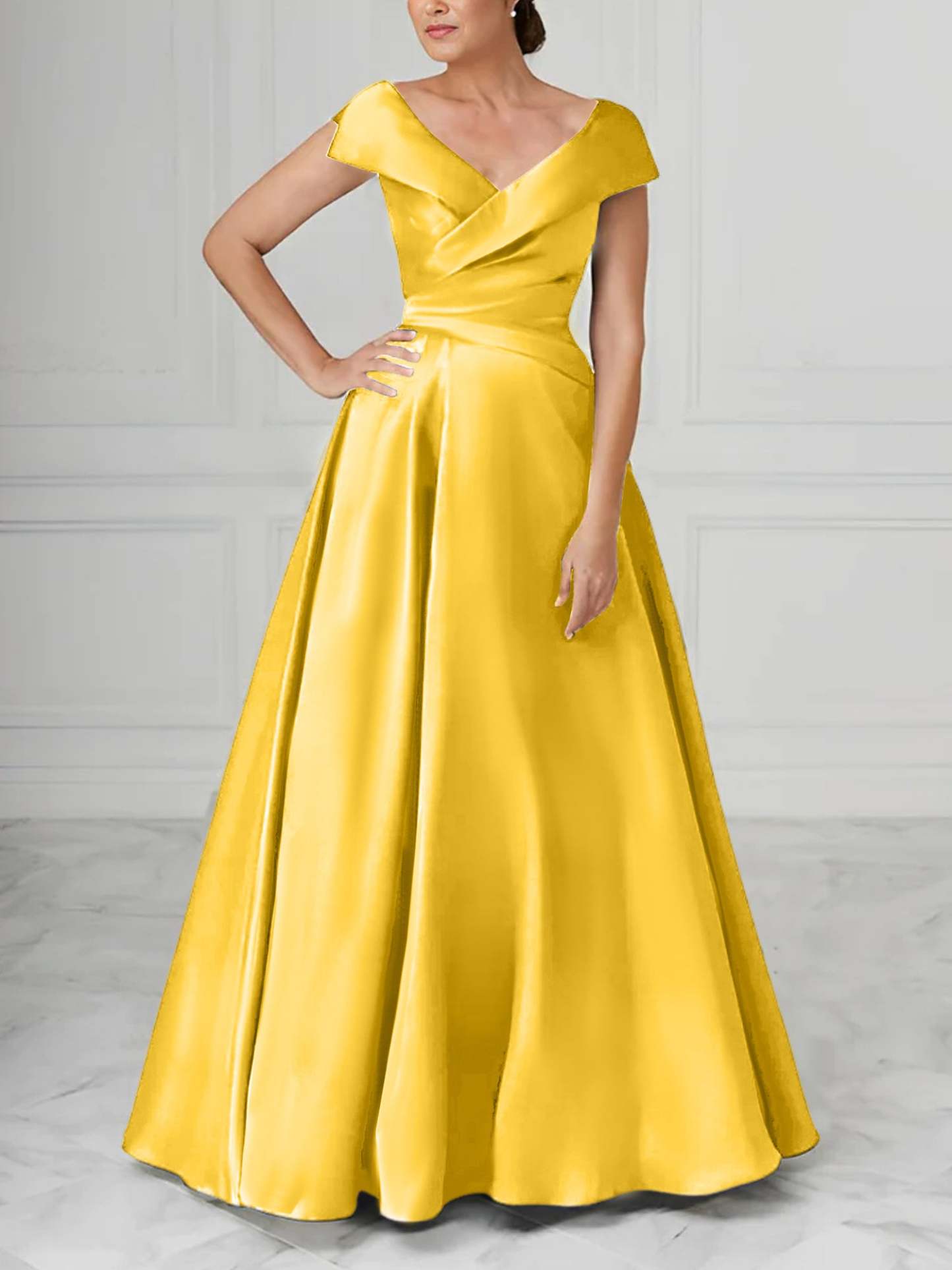 V-Neck Satin A-Line Mother of the Bride Dresses with Ruched Princess Details