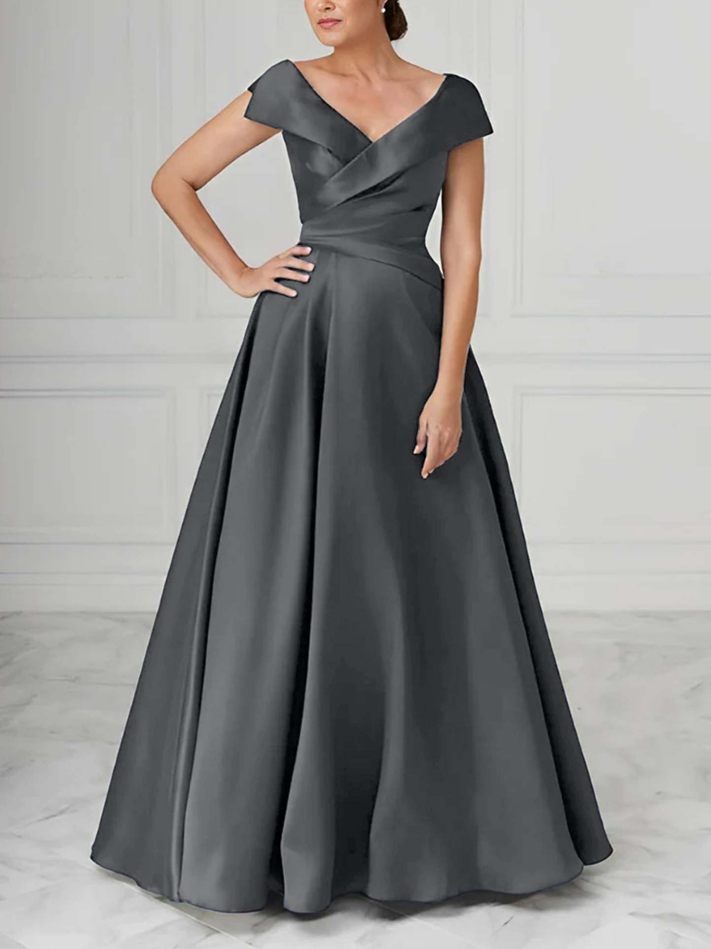 V-Neck Satin A-Line Mother of the Bride Dresses with Ruched Princess Details