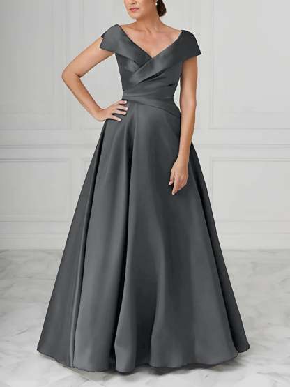 V-Neck Satin A-Line Mother of the Bride Dresses with Ruched Princess Details