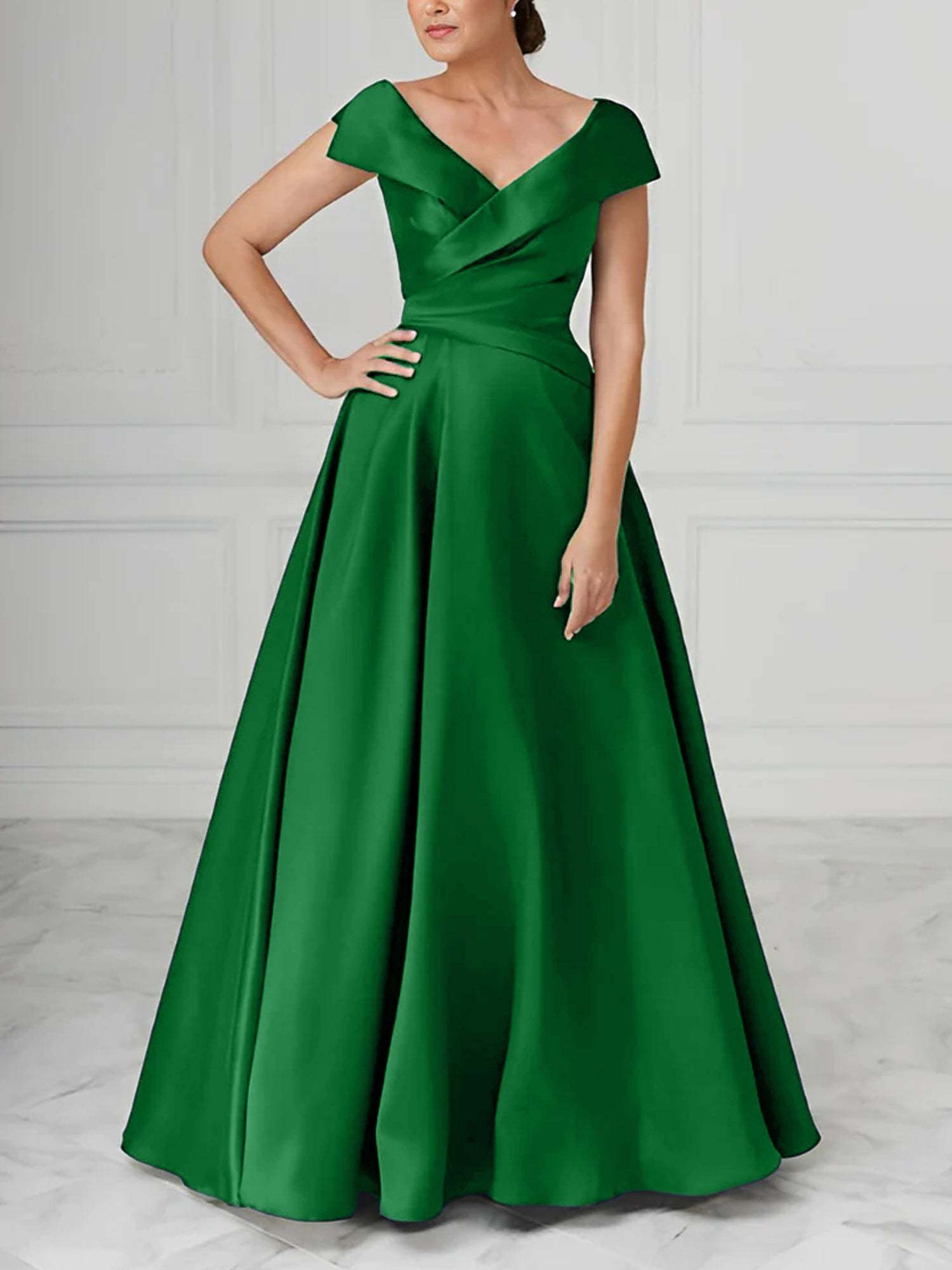 V-Neck Satin A-Line Mother of the Bride Dresses with Ruched Princess Details