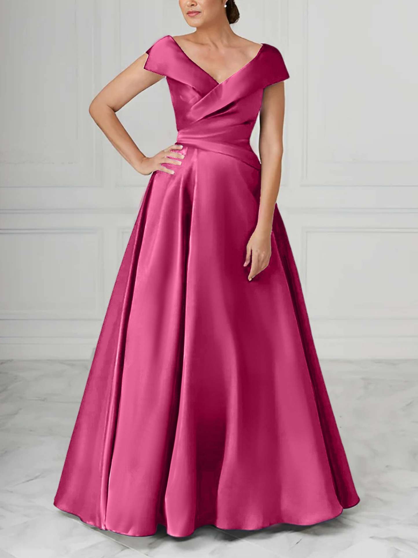 V-Neck Satin A-Line Mother of the Bride Dresses with Ruched Princess Details