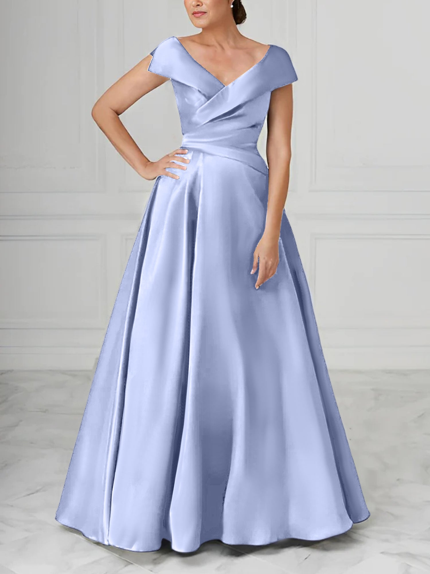 V-Neck Satin A-Line Mother of the Bride Dresses with Ruched Princess Details