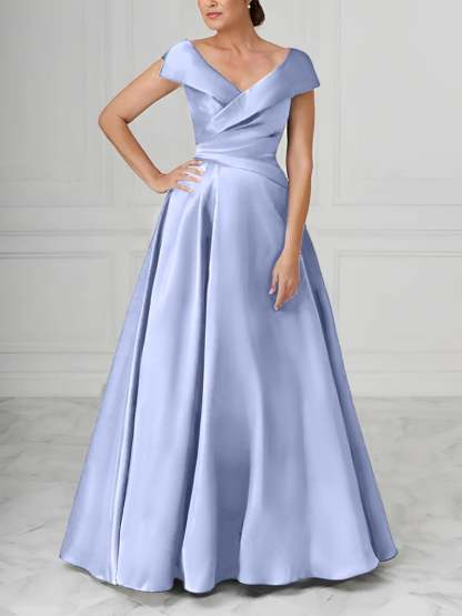 V-Neck Satin A-Line Mother of the Bride Dresses with Ruched Princess Details