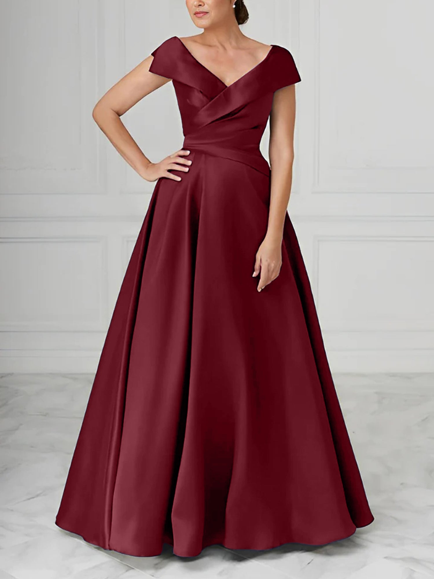 V-Neck Satin A-Line Mother of the Bride Dresses with Ruched Princess Details