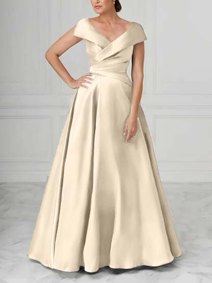 V-Neck Satin A-Line Mother of the Bride Dresses with Ruched Princess Details