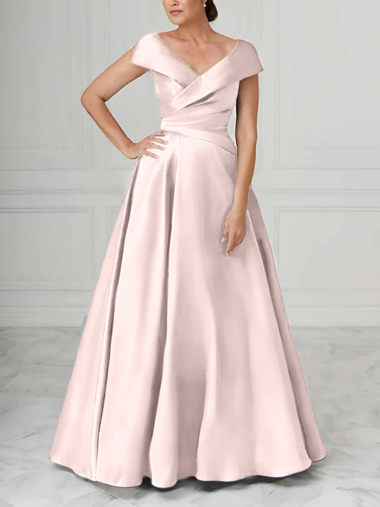 V-Neck Satin A-Line Mother of the Bride Dresses with Ruched Princess Details