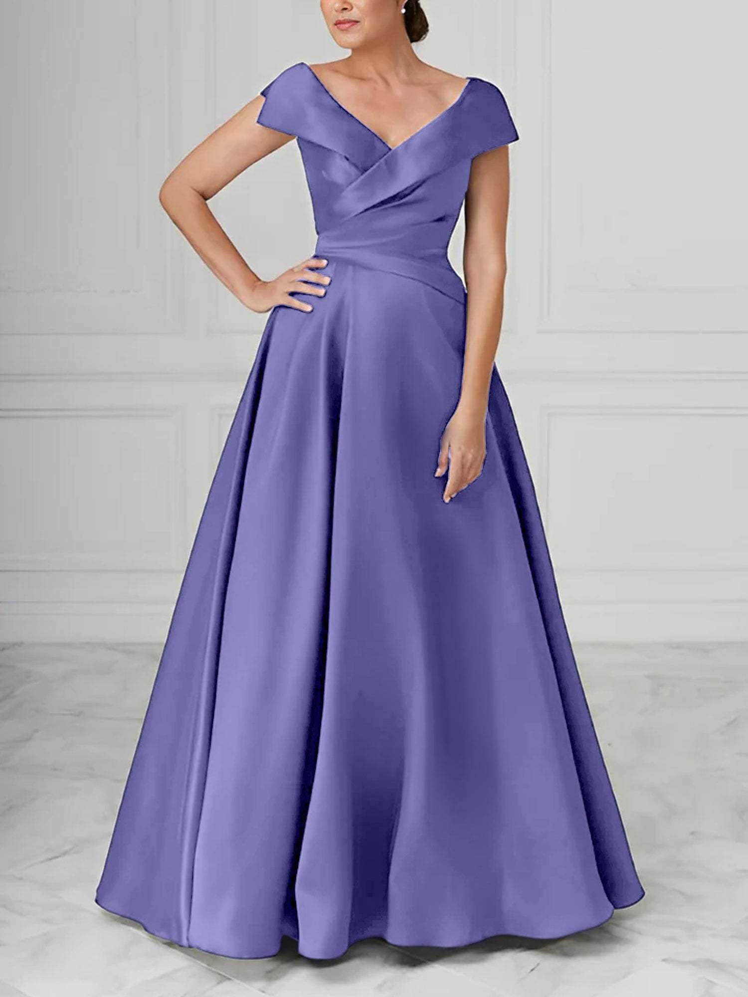 V-Neck Satin A-Line Mother of the Bride Dresses with Ruched Princess Details