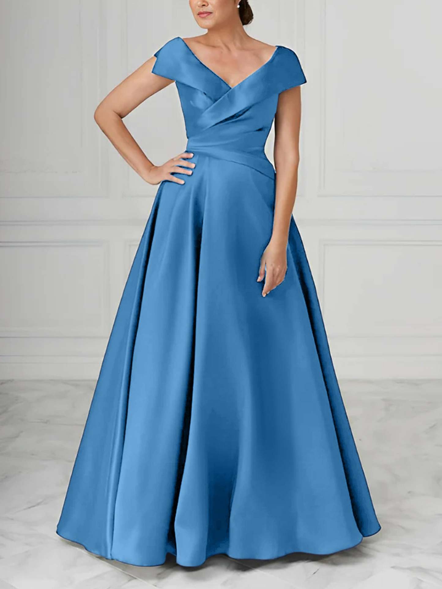 V-Neck Satin A-Line Mother of the Bride Dresses with Ruched Princess Details