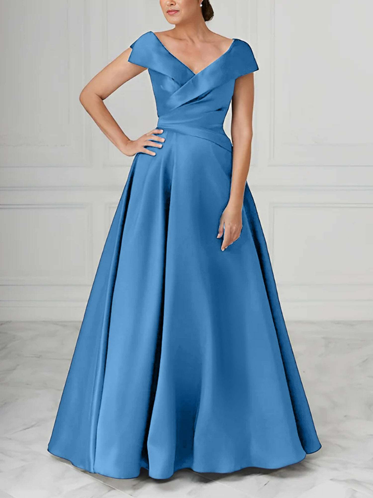 V-Neck Satin A-Line Mother of the Bride Dresses with Ruched Princess Details