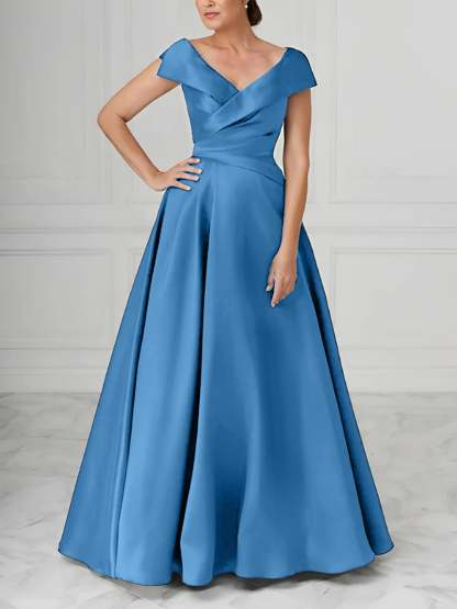 V-Neck Satin A-Line Mother of the Bride Dresses with Ruched Princess Details