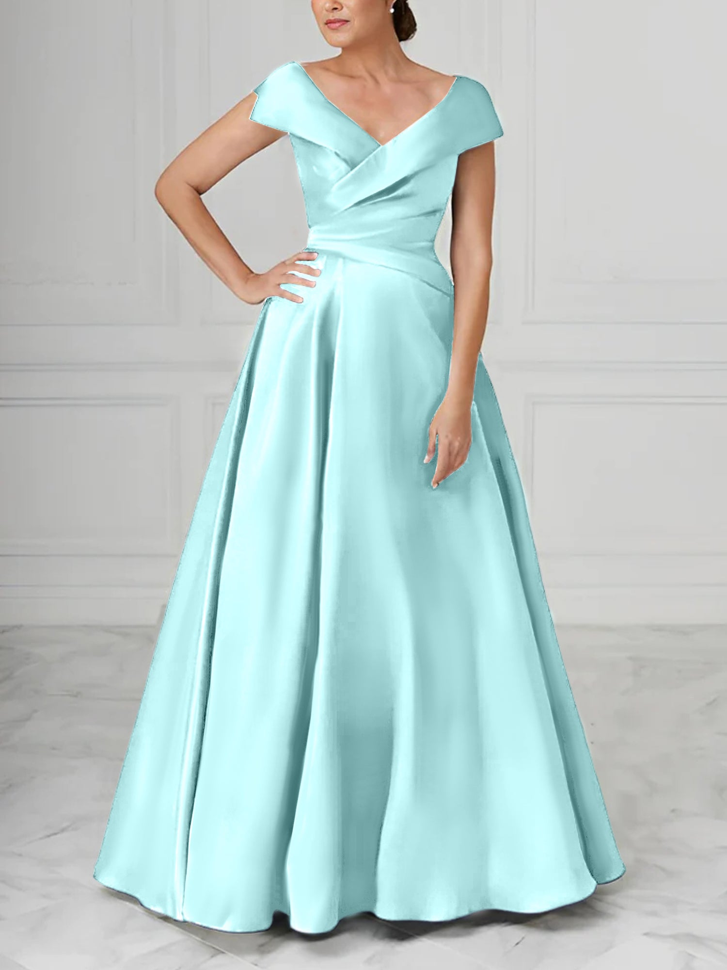 V-Neck Satin A-Line Mother of the Bride Dresses with Ruched Princess Details
