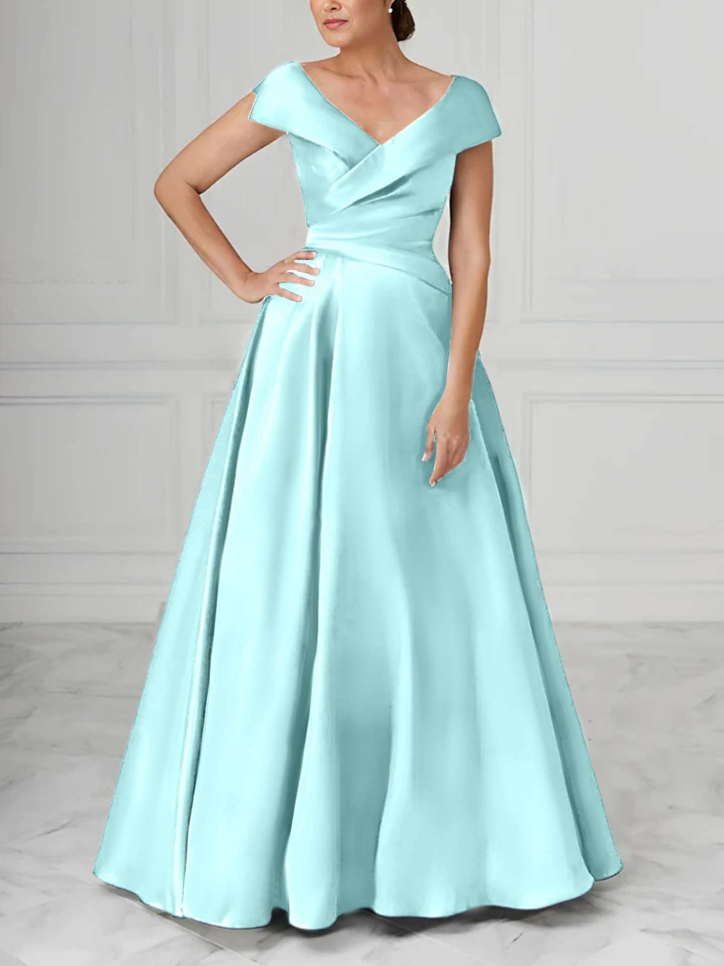 V-Neck Satin A-Line Mother of the Bride Dresses with Ruched Princess Details