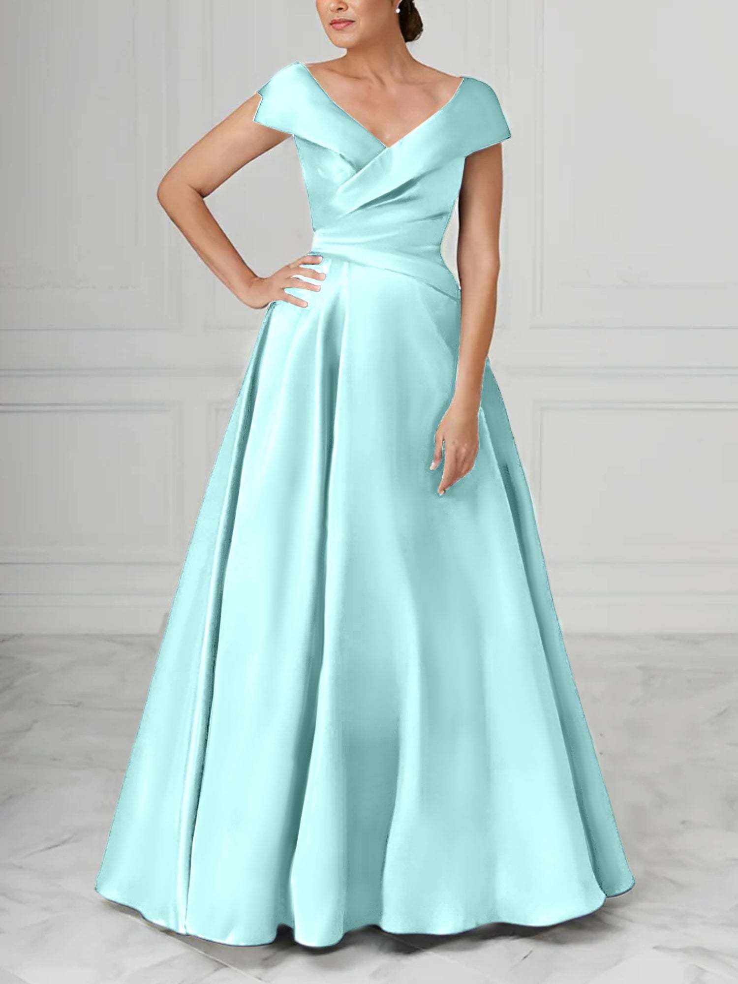 V-Neck Satin A-Line Mother of the Bride Dresses with Ruched Princess Details