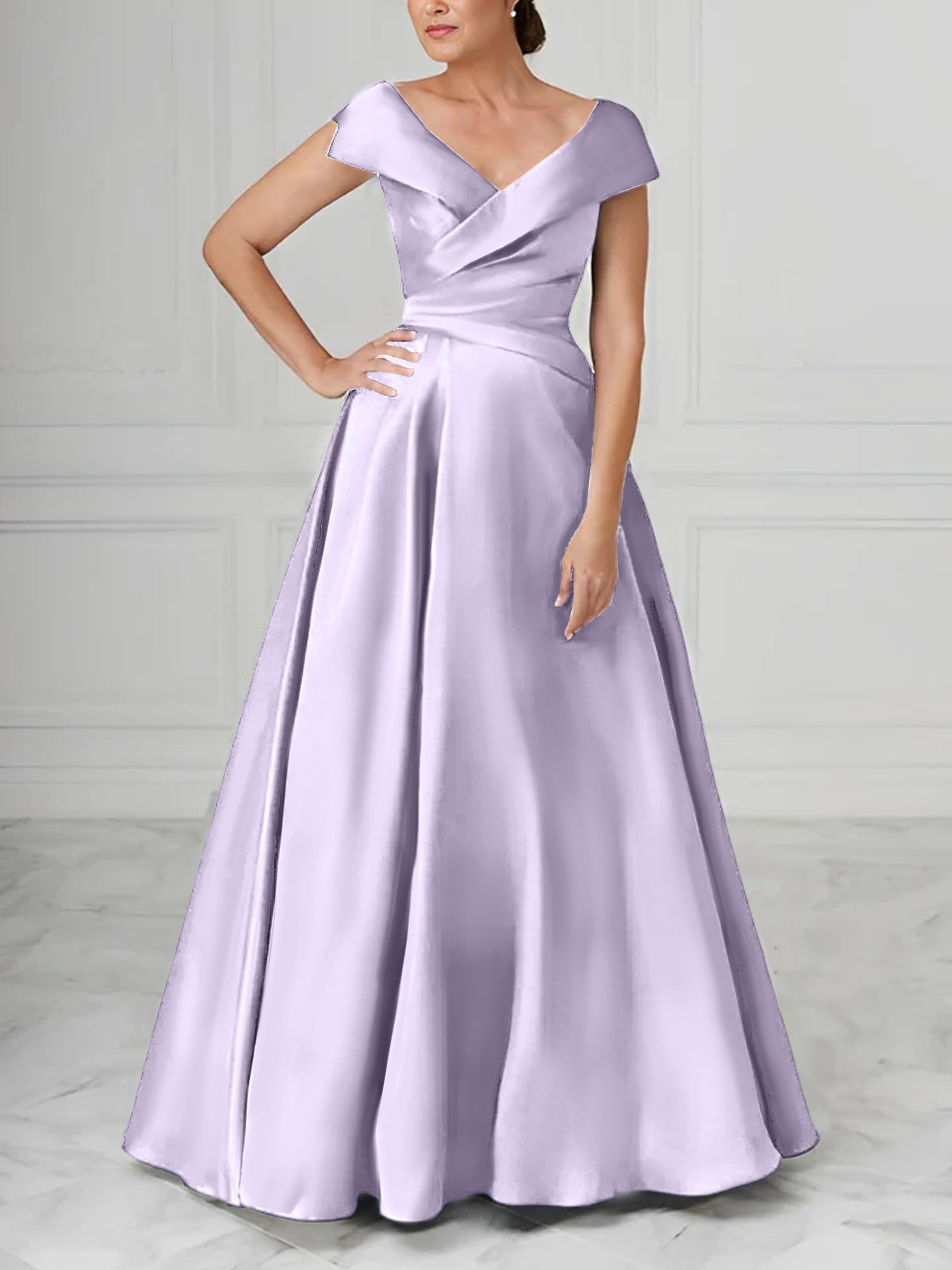 V-Neck Satin A-Line Mother of the Bride Dresses with Ruched Princess Details