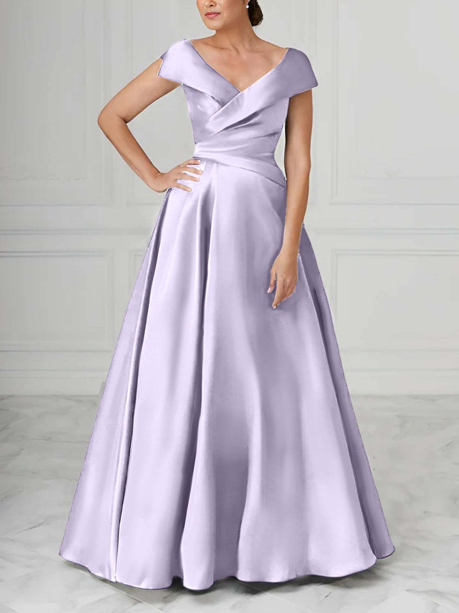 V-Neck Satin A-Line Mother of the Bride Dresses with Ruched Princess Details