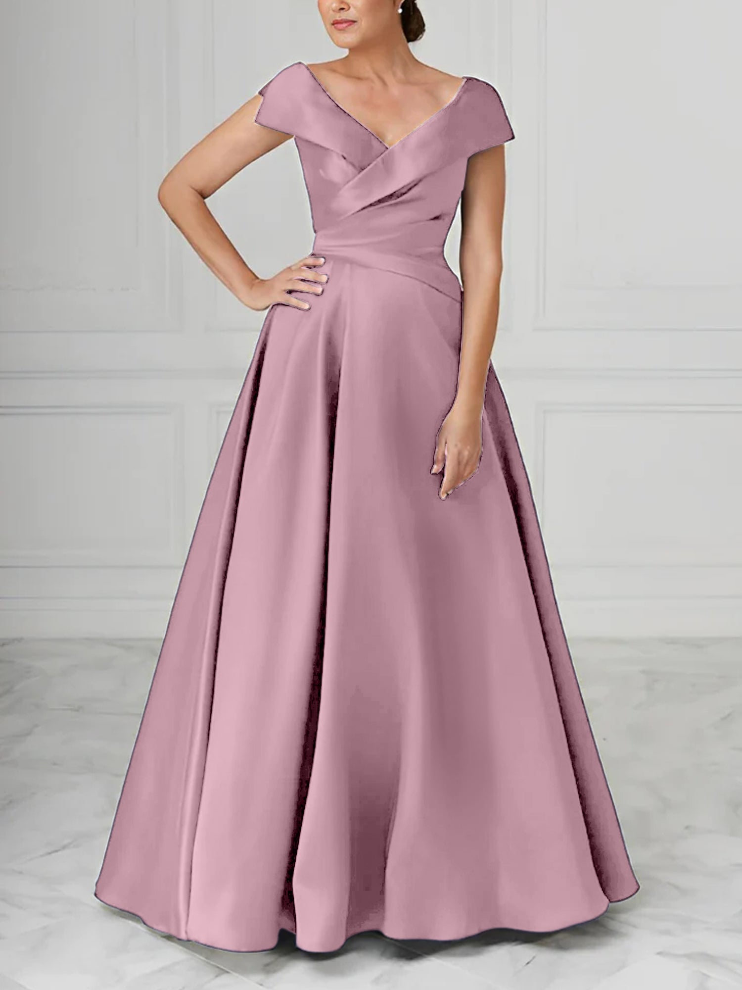V-Neck Satin A-Line Mother of the Bride Dresses with Ruched Princess Details