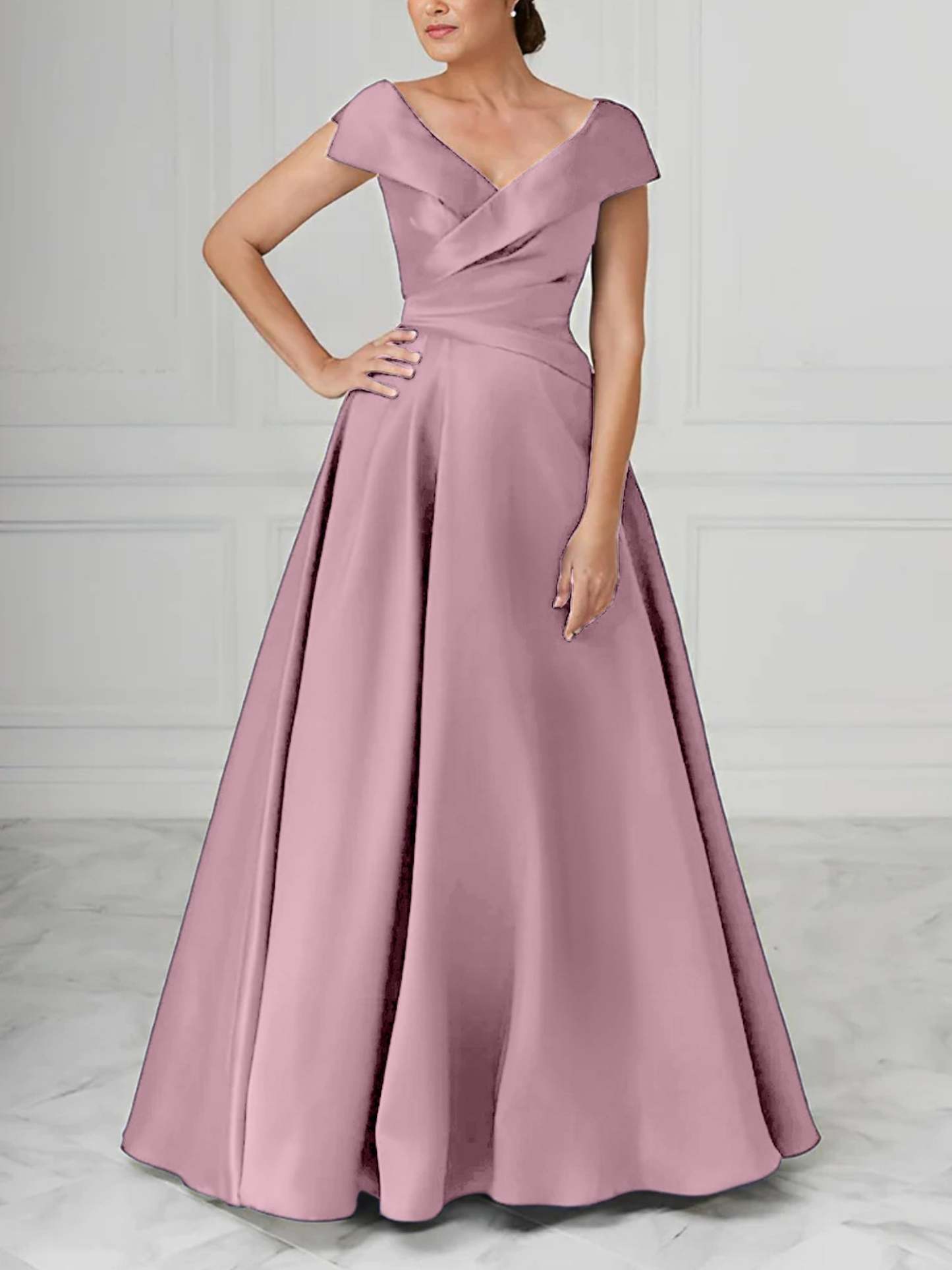 V-Neck Satin A-Line Mother of the Bride Dresses with Ruched Princess Details