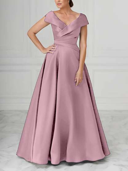 V-Neck Satin A-Line Mother of the Bride Dresses with Ruched Princess Details
