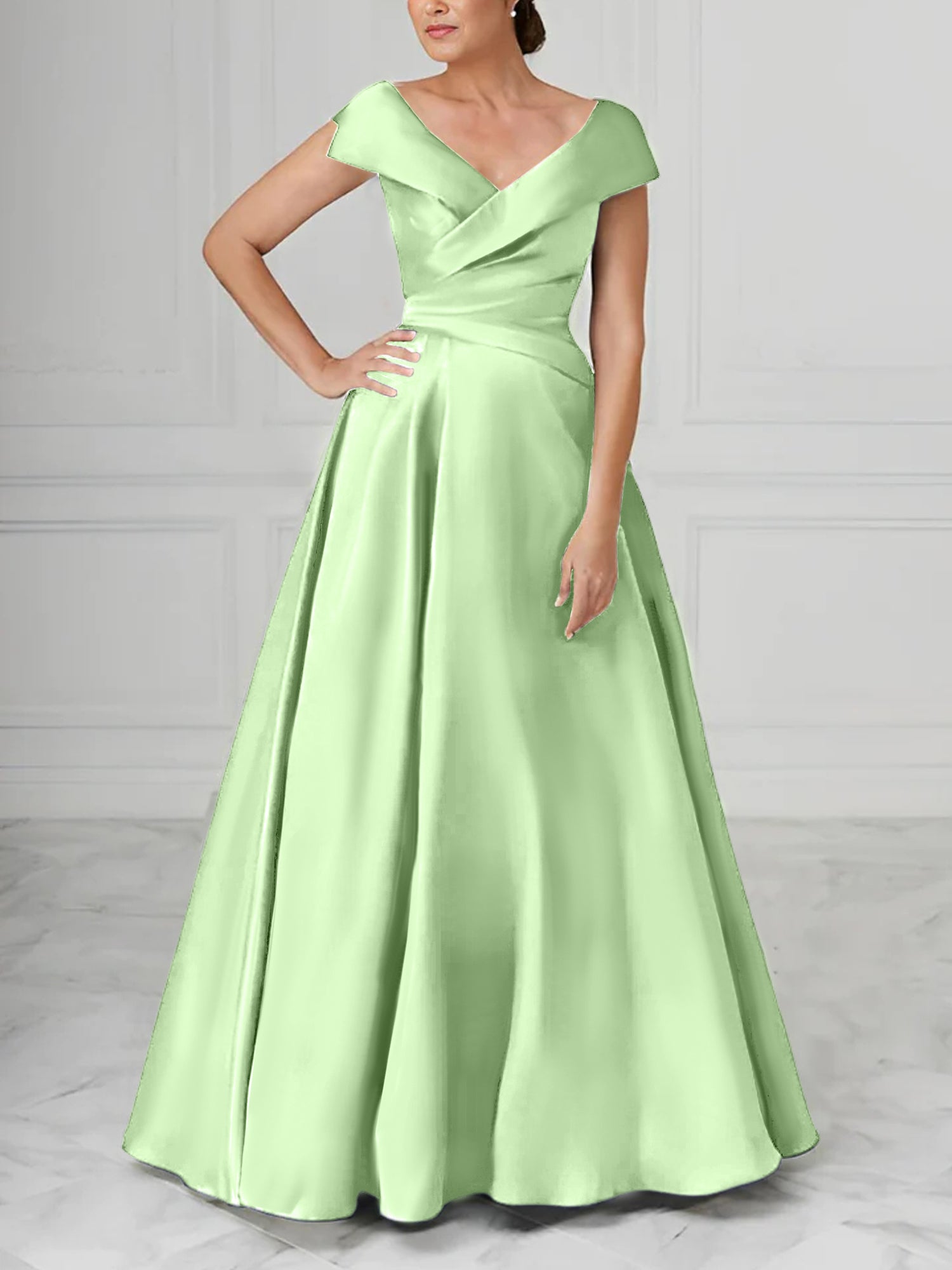 V-Neck Satin A-Line Mother of the Bride Dresses with Ruched Princess Details