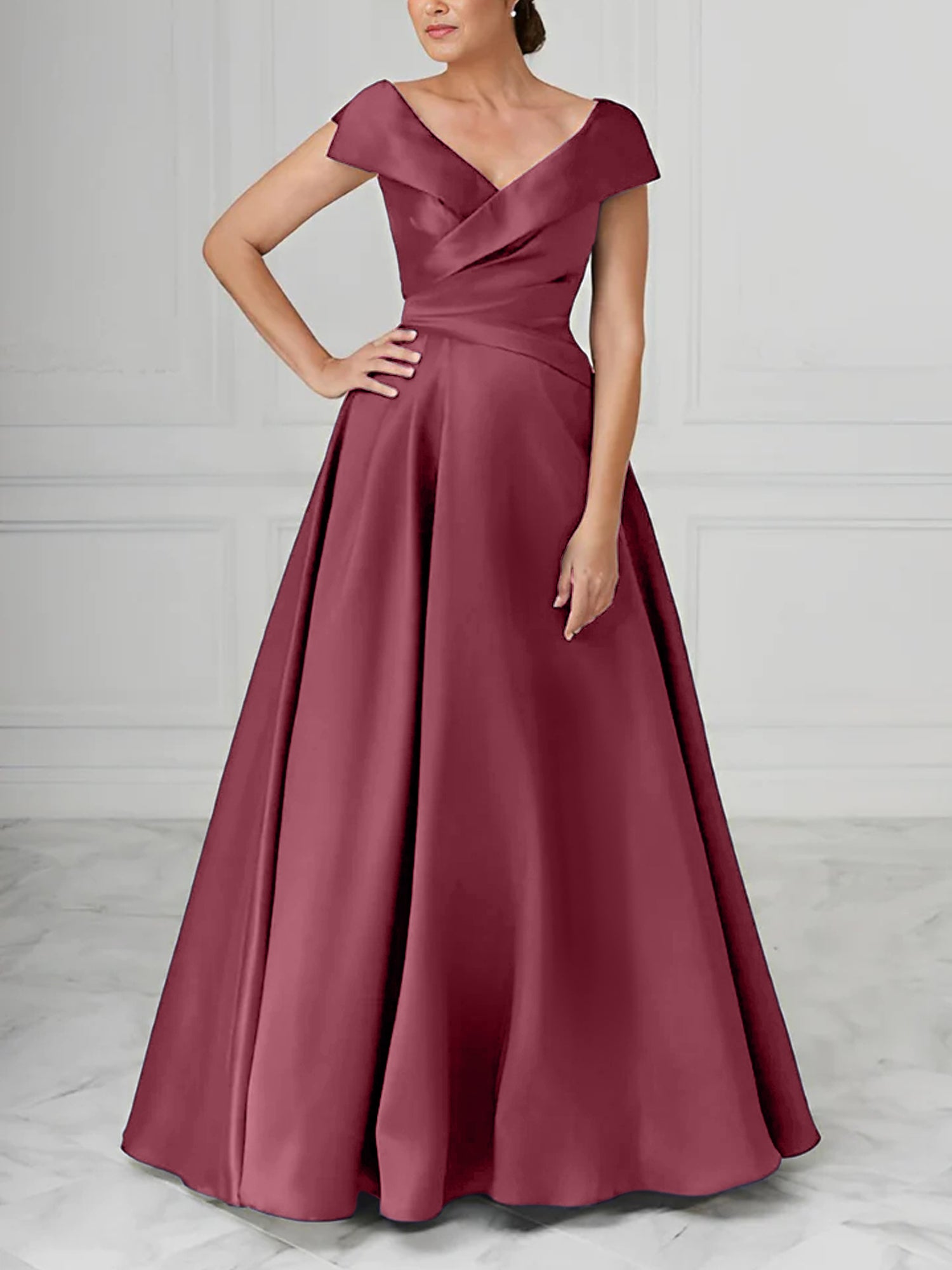 V-Neck Satin A-Line Mother of the Bride Dresses with Ruched Princess Details