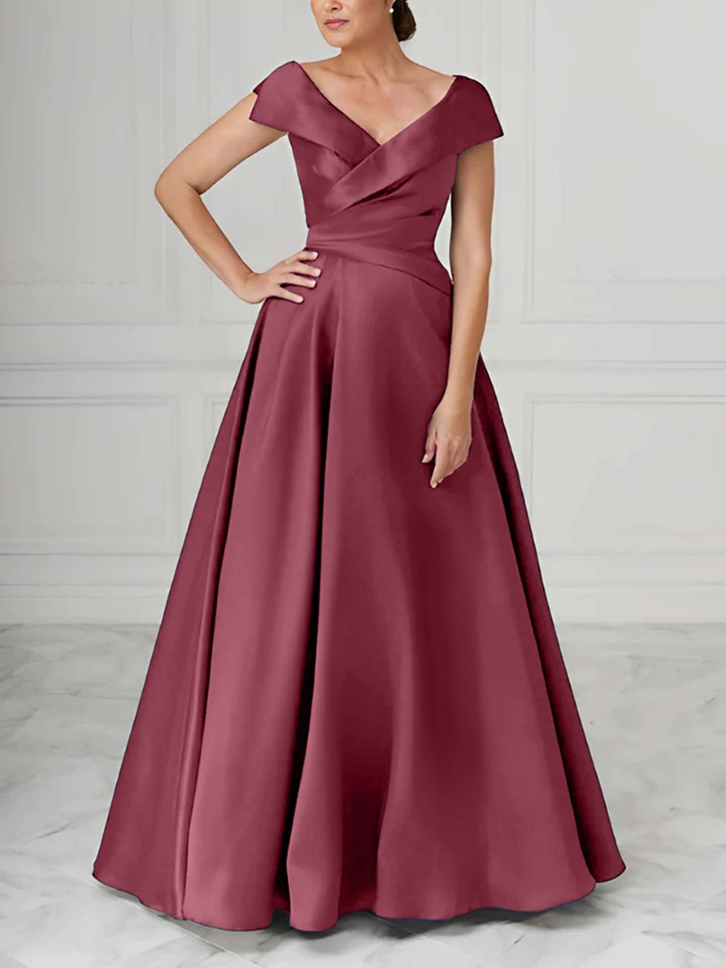 V-Neck Satin A-Line Mother of the Bride Dresses with Ruched Princess Details